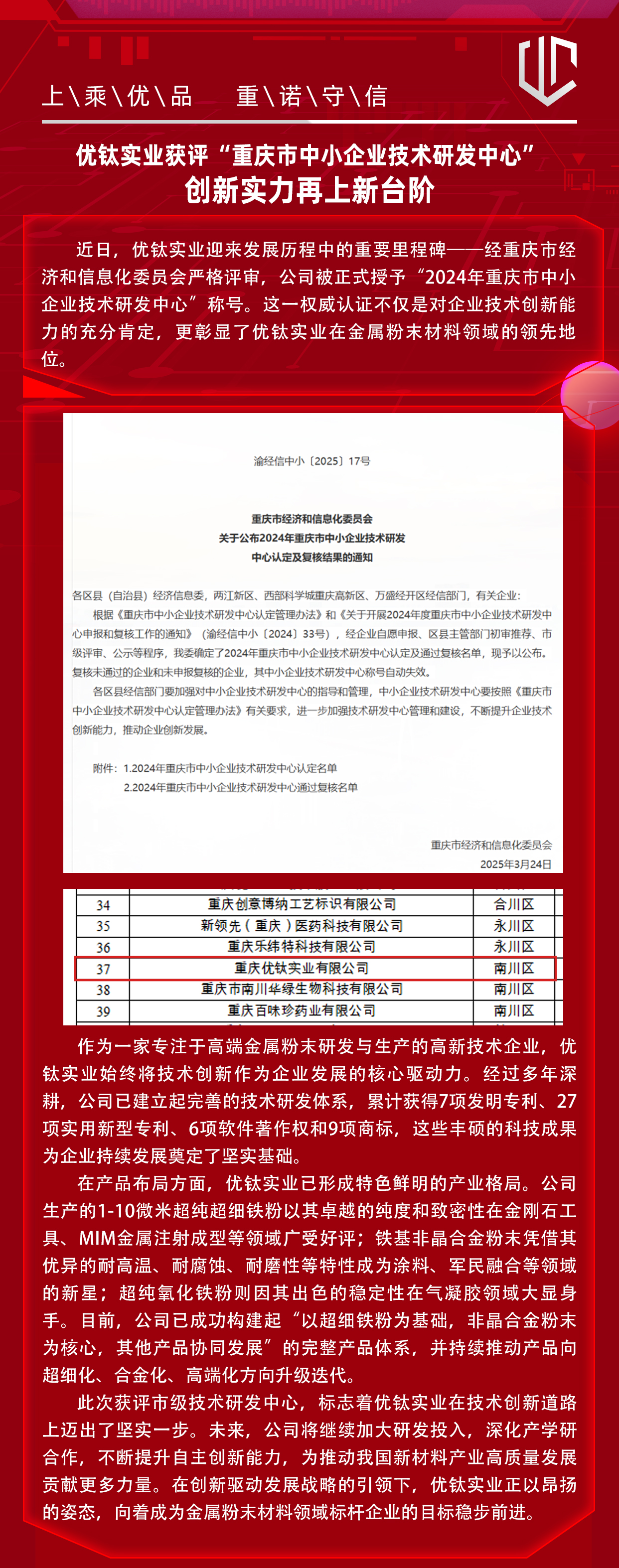 優(yōu)鈦實(shí)業(yè)獲評(píng)“重慶市中小企業(yè)技術(shù)研發(fā)中心” ，創(chuàng)新實(shí)力再上新臺(tái)階